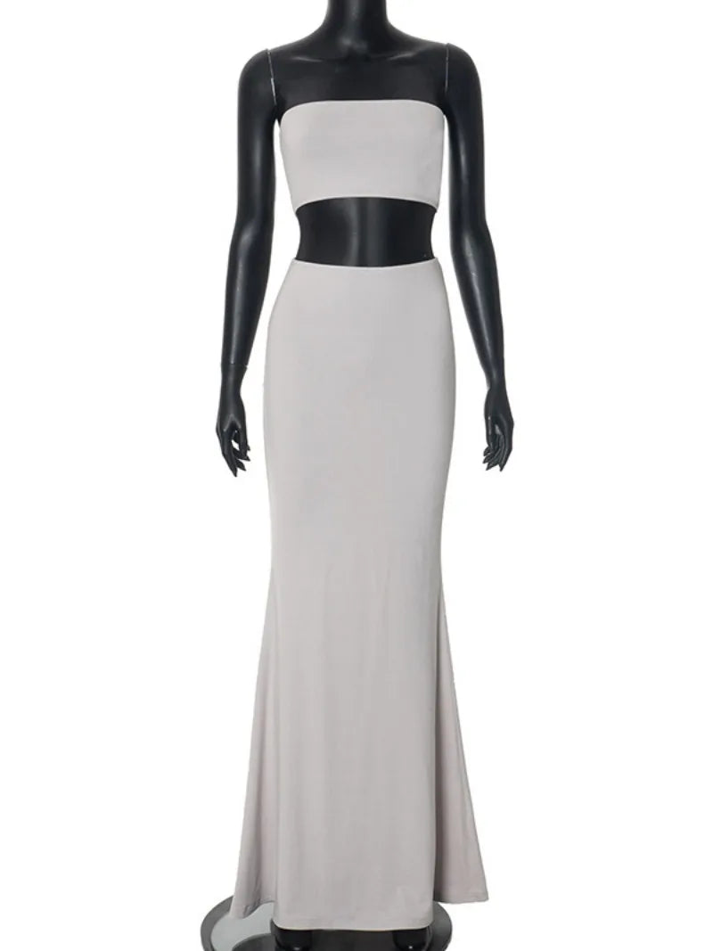 Aiertu  -  Fashion Sexy Super-short Corset Top Long Maxi Dresses Sets Elegant Solid Gray High Waist Skirts 2 Piece Matching Set Streetwear Aiertu