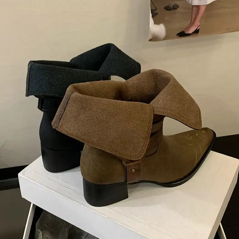 Aiertu    -  Black Chunky Heels Ankle Boots Woman Pointed Toe Rivet Fall Shoes Belt Buckle Western Style Cowboy Boots Zapatos Mujer Aiertu