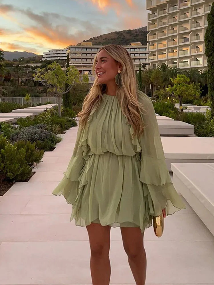 Aiertu       -  Fashion Green Ruffles Pleated Dress For Women Round Neck Long Sleeve Mini Dresses New Elegant Female Vacation Party Vestidos Aiertu