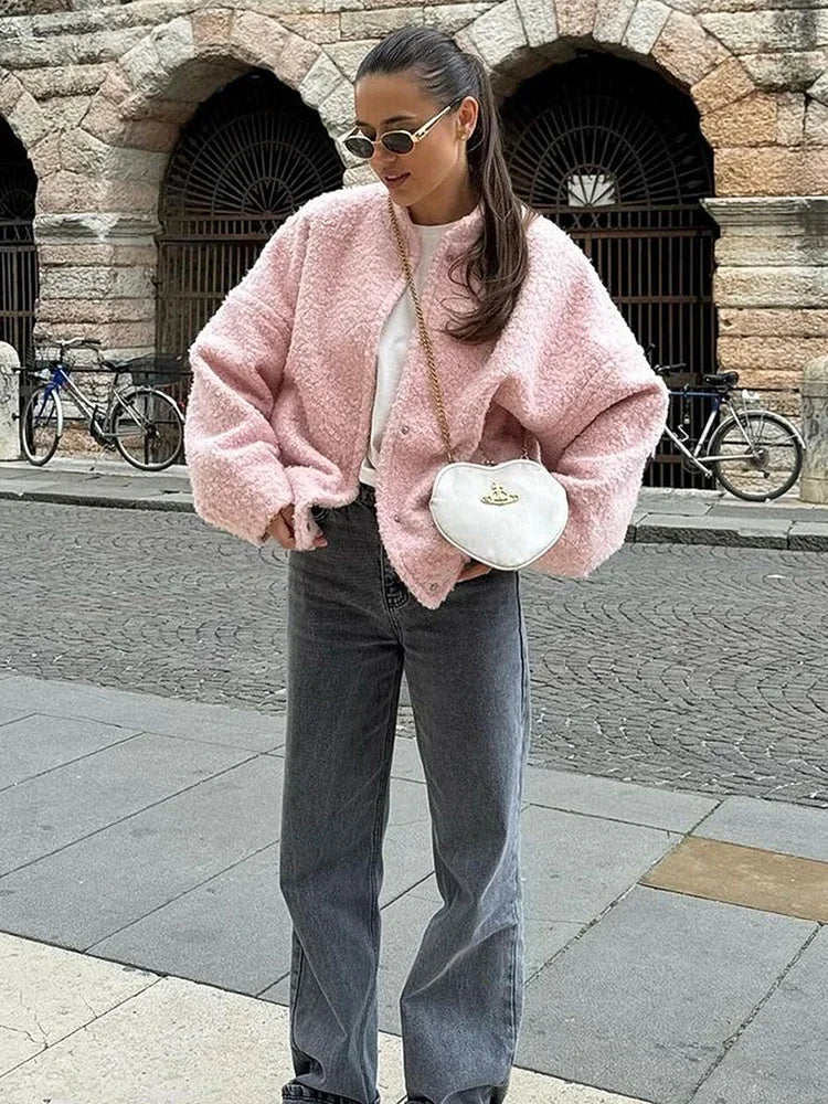 Aiertu  -  Pink Short Fur Jacket Coat For Women Autumn Winter Casual Stand Collar Pocket Loose Fashion Long Sleeve Jacket Top Female Aiertu
