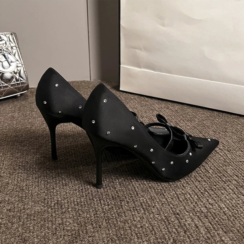 Aiertu    -  New Thin Heel Shallow Mouth Single Shoes Banquet Fashion Bow Pointed Water Diamond Silk High Heels Aiertu