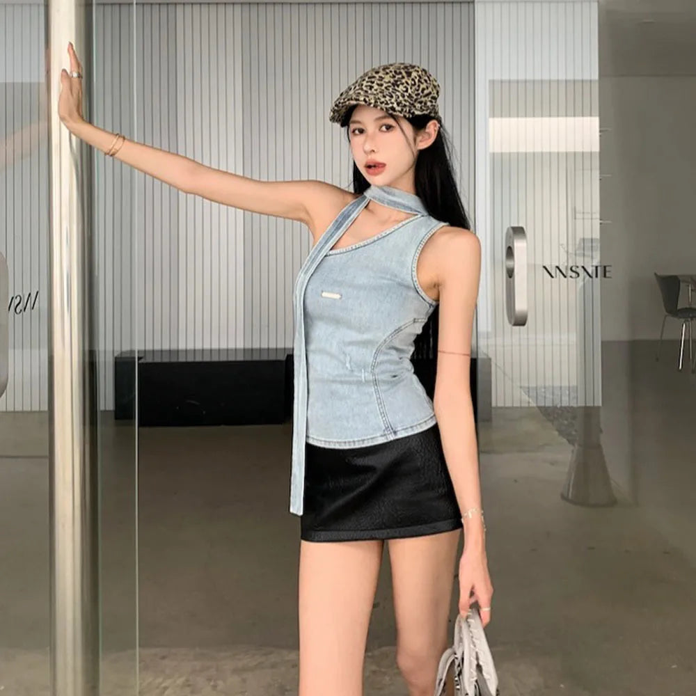 Aiertu  -  Hot Girl Denim Vest For Women Diagonal Neck One Shoulder Sleeveless Retro Tight Y2k Tank Tops Lady Coquette Gyaru Sexy Camisole Aiertu