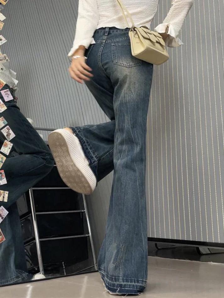 Aiertu  Vintage High Rise Raw Trim Flare Jeans Aiertu