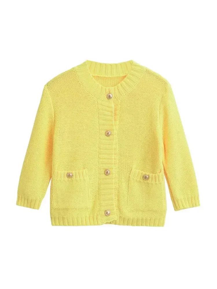 Aiertu  -  Fashion Yellow Single-breasted Round Neck Knitted Cardigan Women Chic Long Sleeve Pockets Sweater 2026 Autumn Street Knitwear Aiertu