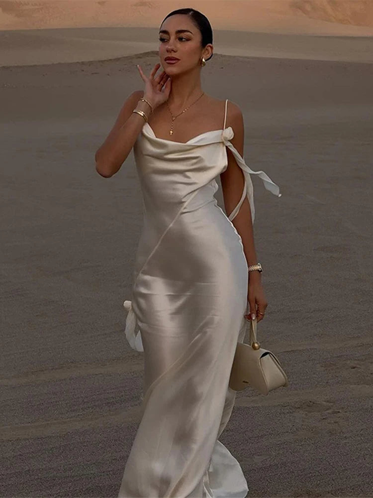 Aiertu  -  Large Backless Slip Dress Satin Ribbon Halter Robe French Tassels Pleated Sexy Swingneck Vocation Beach Women White Long Dresses Aiertu