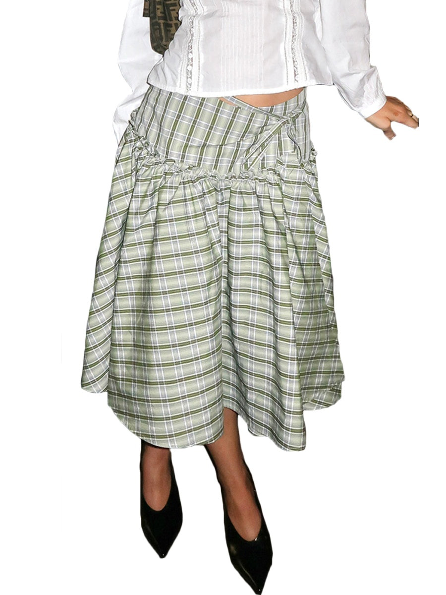 Aiertu  -  Women Y2k Low Rise Plaid Midi Skirt Lace Up Ruffle Hem A Line Skirt 90s Vintage Tie Up Gingham Tiered Skirt Going Out Streetwear Aiertu