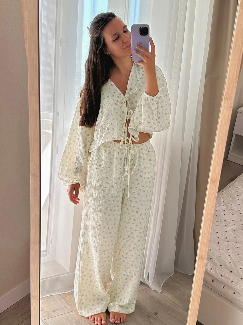 Aiertu  Printing Women Sleepwear Suit Long Sleeve Pajamas V-Neck Nightie Crop Top Nightwear Pants Casual Ladies Home Clothes Aiertu