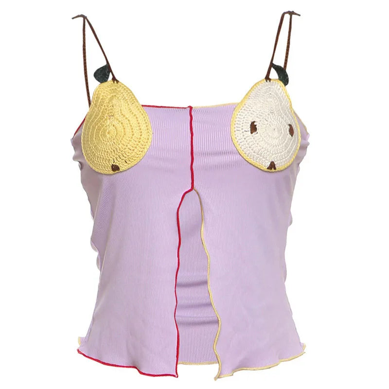 Aiertu  -  Fruit Crochet Knitted Crop Slip Top Vest Fashion Slim Fit Elastic Contrasting Color Sexy Split Women Halter Short Blouse Tank Aiertu