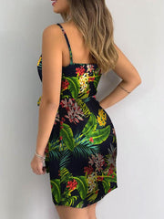 Aiertu Tropical Print V-Neck Wrap Casual Dress Women Sleeveless Summer Holiday Mini Dress Aiertu