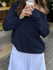 Aiertu - summer inspo Dark Blue Solid Minimalist Style Autumn Winter Sweaters Women White Simple Basic Casual Loose Knitted Pullover Jumpers Aiertu