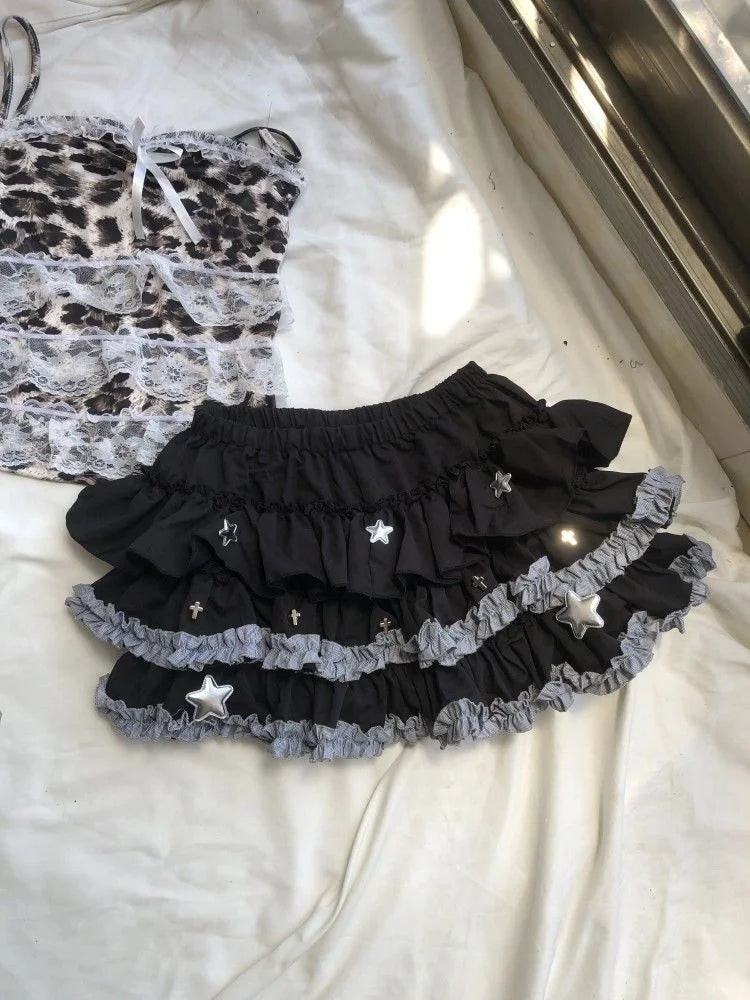 Aiertu  -  Harajuku Design Y2K Hot Girl Cake Fluffy Lace Skirt Female A-Line Skirt Gothic Retro Pleated Low Waist Sexy Slim Skirt ins Aiertu