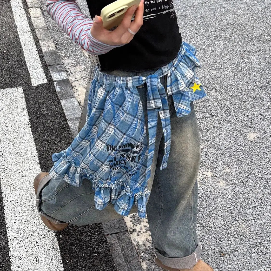 Aiertu  -  Y2k Aesthetic Plaid Irregular Ruffled Skirts Vintage Women Streetwear Letter Print Faldas Harajuku Grunge Casual Bandage Skirt Aiertu