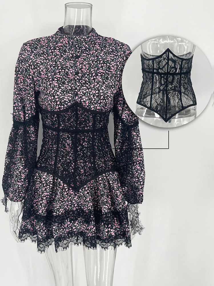 Aiertu  -  V-Neck Printed Mini Lace Dress Female Ruffled Fashion High Waist Long Sleeve Splice Contrast Slim Fit Bandage Party Dress Aiertu
