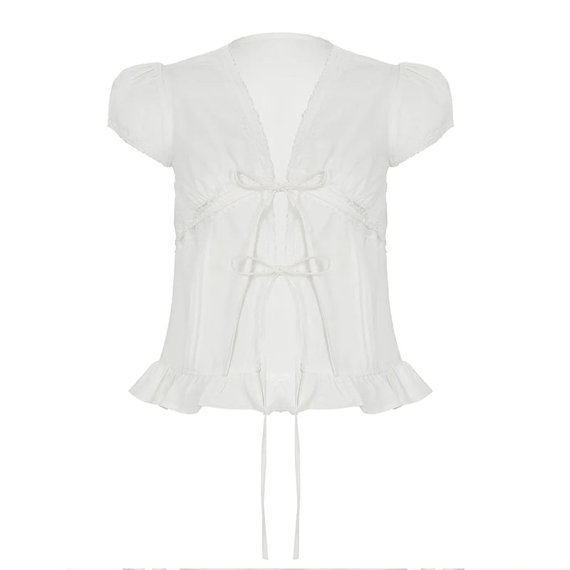Aiertu  -  Holiday Solid Lace Trim Split T Shirt Casual Slim Bandage Deep V-Neck Short Puff Sleeve Tees Women Summer Streetwear Aiertu