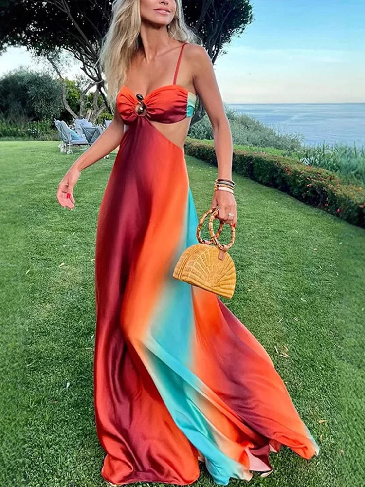 Aiertu  -  Fashion Panelled Dress Women Hollow Out Sling Backless A-line Floor-length Dresses Female 2025 Spring Summer Vacation Lady Robe Aiertu