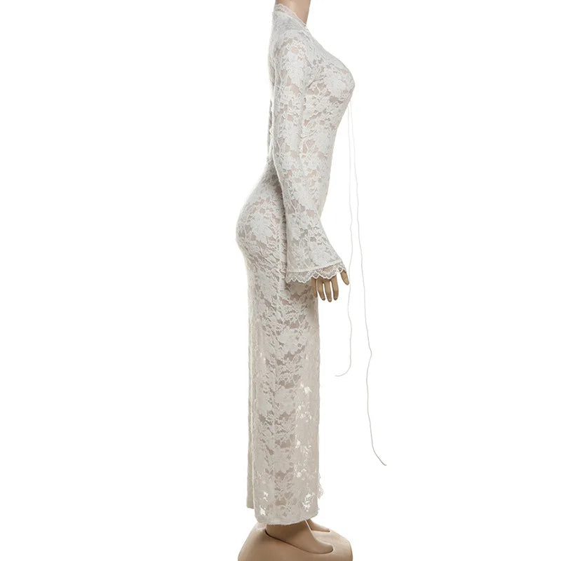 Aiertu  -  Lace Deep V-Neck Embroidery Ruffles Dress Women Sexy Slits See Through Solid Tassel Petal Cuffs Street Elegance Vestidos Aiertu
