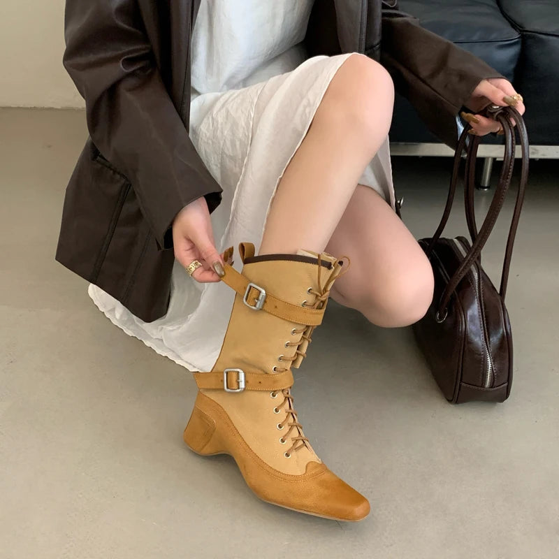 Aiertu    -  Yellow Cowboy Boots Women Lace Up Belt Buckle Block Heels Mid-calf Western Boots Autumn Vintage Designer Shoes Black Botas Mujer Aiertu