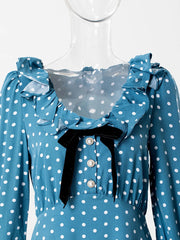 Aiertu       -  Polk Dot Print Midi Dress 2026 New Long Sleeve U Collar Slim Elegant Bow Decor Ruffle Long Dresses Casual Fashion Long Dress Aiertu