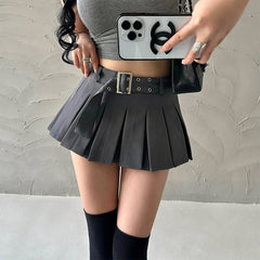 Aiertu Solid Color Pleated A-Line Low Waist Mini Skirt Aiertu