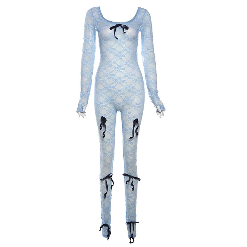 Aiertu  -  See Through Mesh Sexy Jumpsuit Women Bow Splice Long Sleeve Bodycon One Piece Hot Girl Party Sexy Club Overalls For Woman Aiertu