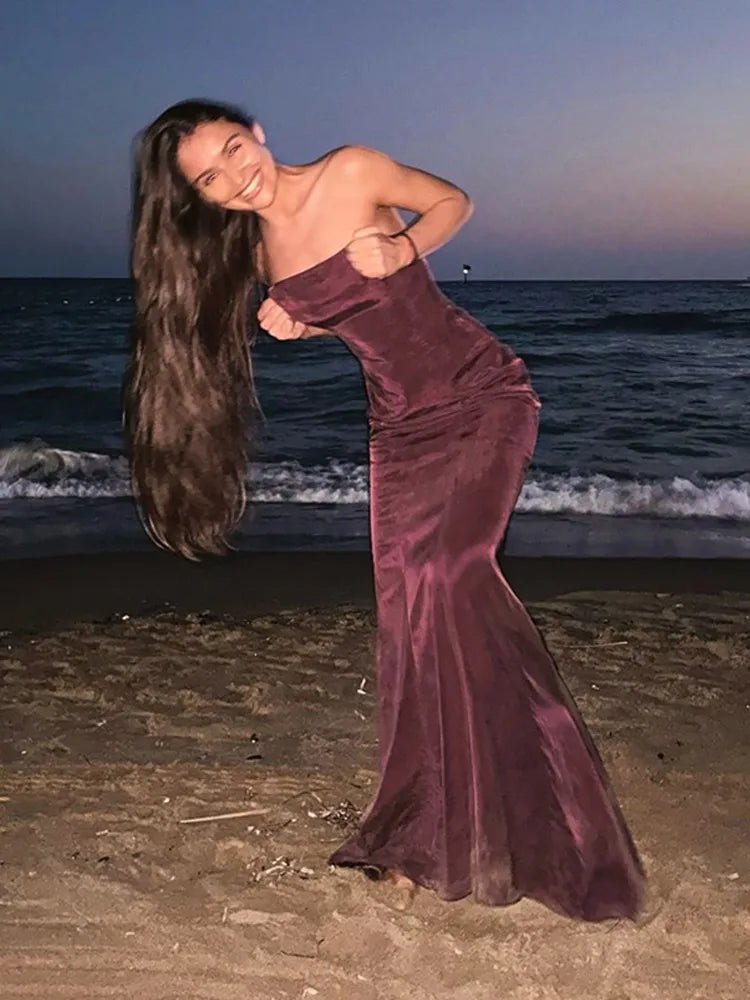 Aiertu  -  Red Wine Valet Strapless Mermaid Maxi Dress For Women Sexy Strapless Backless Wrap Waist Robe Elegant Club Party Vestidos 2026 Aiertu