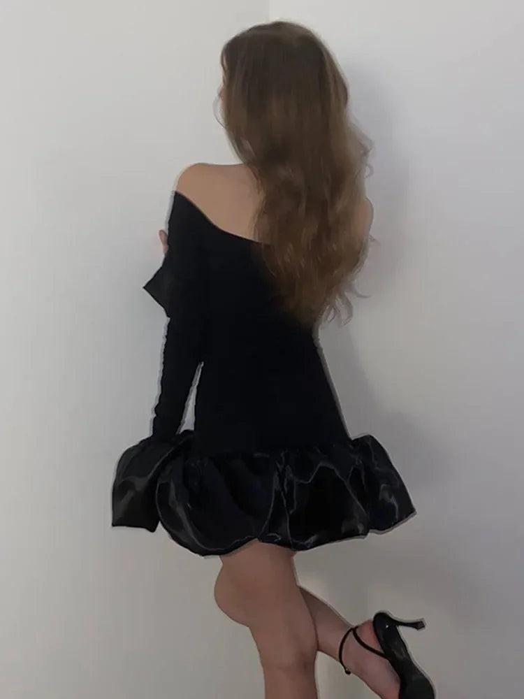 Aiertu  -  Sexy Slim One-Shoulder Mini Party Dress For Women Satin Splice Long Flare Sleeve Fashion Fold Dress Solid Autunn 2026 New Aiertu