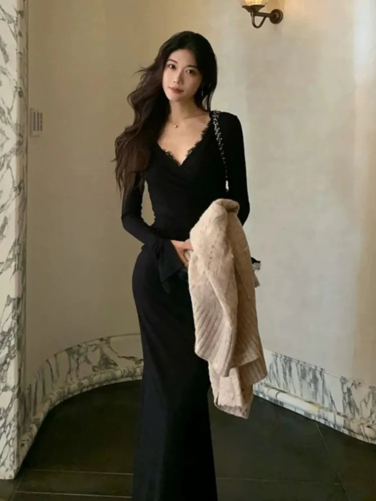 Aiertu  -  Elegant Black Lace Mermaid Dress for Women V-neck Long Sleeve Party Prom Robe Autumn Slim Evening Vestidos Mujer Fashion Clothes Aiertu