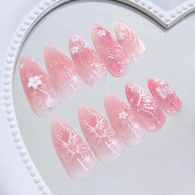 Aiertu  -  24PCS Sweet Pink Blush Wearable Press on Nail 3D Flowers Butterfly Decorations Fake Nail for Loving Girls Almond False Nail Tips Aiertu
