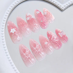 Aiertu  -  24PCS Sweet Pink Blush Wearable Press on Nail 3D Flowers Butterfly Decorations Fake Nail for Loving Girls Almond False Nail Tips Aiertu