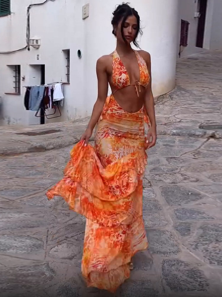 Aiertu  -  Sexy Summer Color Collision Halter Deep V Neck Women Long Robe Chic Pleated Sleeveless Slim Female Dress Fashion Lady Beach Wear Aiertu