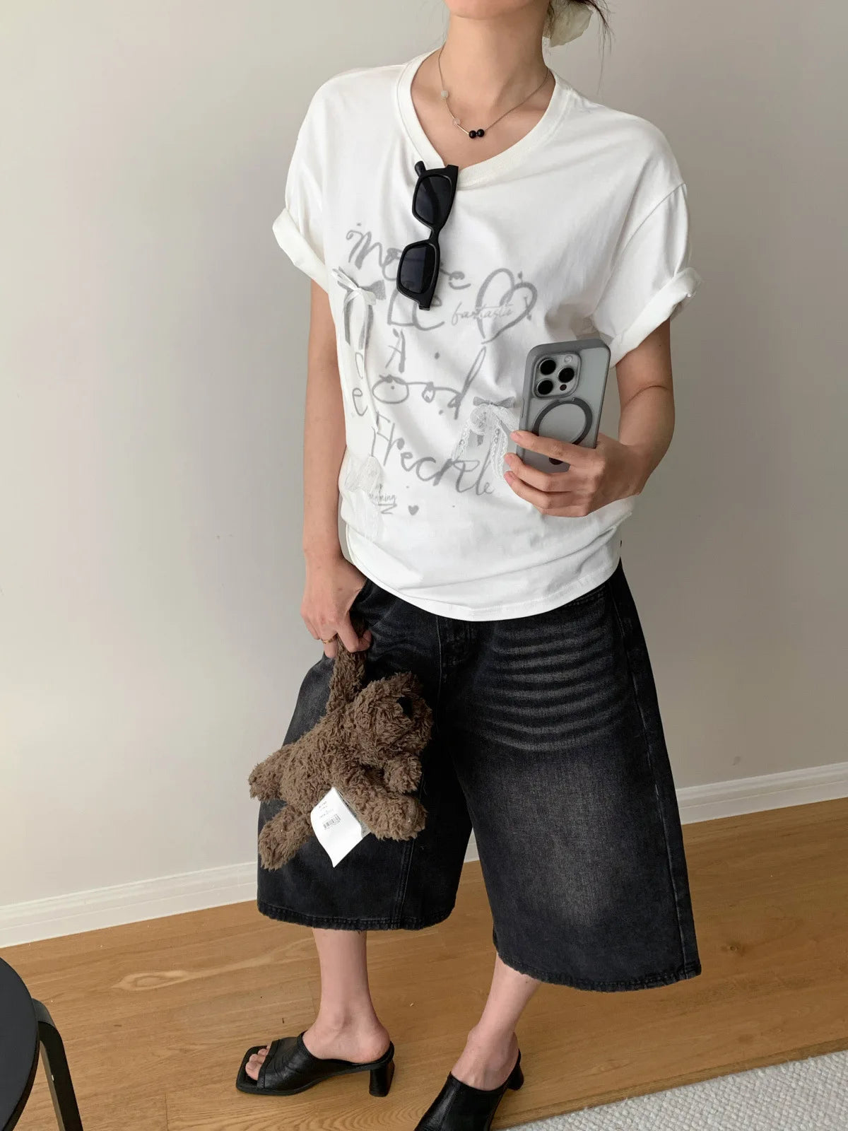 Aiertu  -  Summer new Korean loose letter printing lace bow decoration loose round neck short-sleeved T-shirt Aiertu