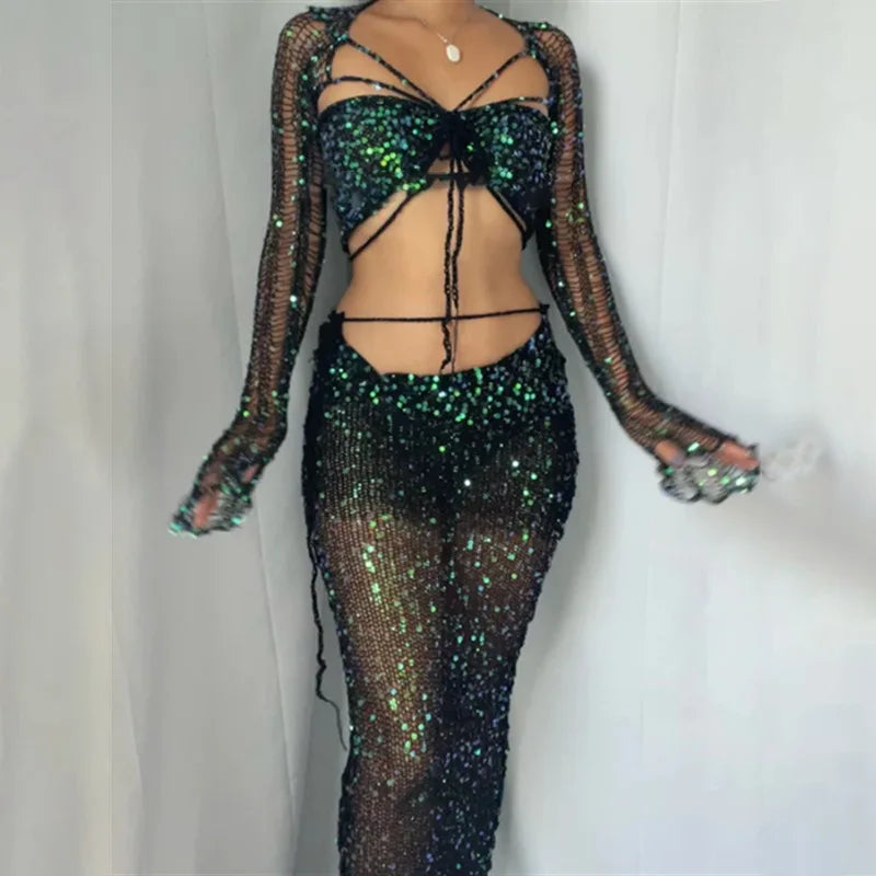 Aiertu  -  Knitted Skirt Sets Sequins Two Pieces Set Long Sleeve Crop Top and Skirt Suit Glitter Sets Sexy Crochet Matching Sets for Women Aiertu