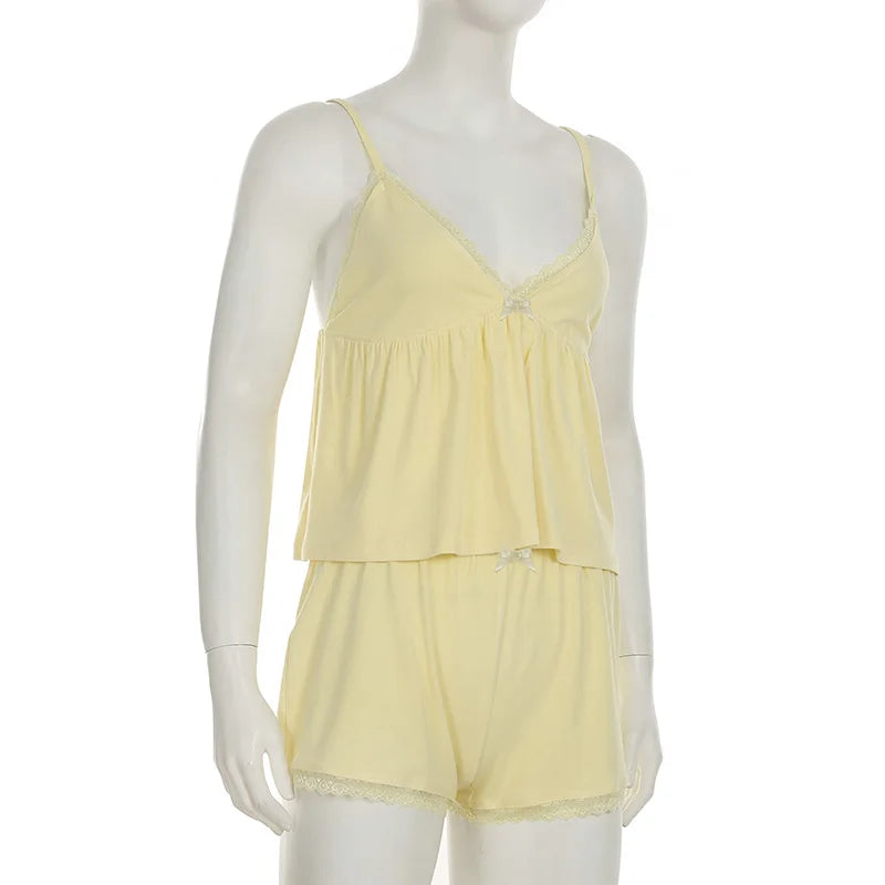 Aiertu  -  Lace Patchwork Solid Backless Two-piece Set Sleeveless Halter Vacation Sexy Sweet Suit Deep V-neck Summer Twinset Aiertu