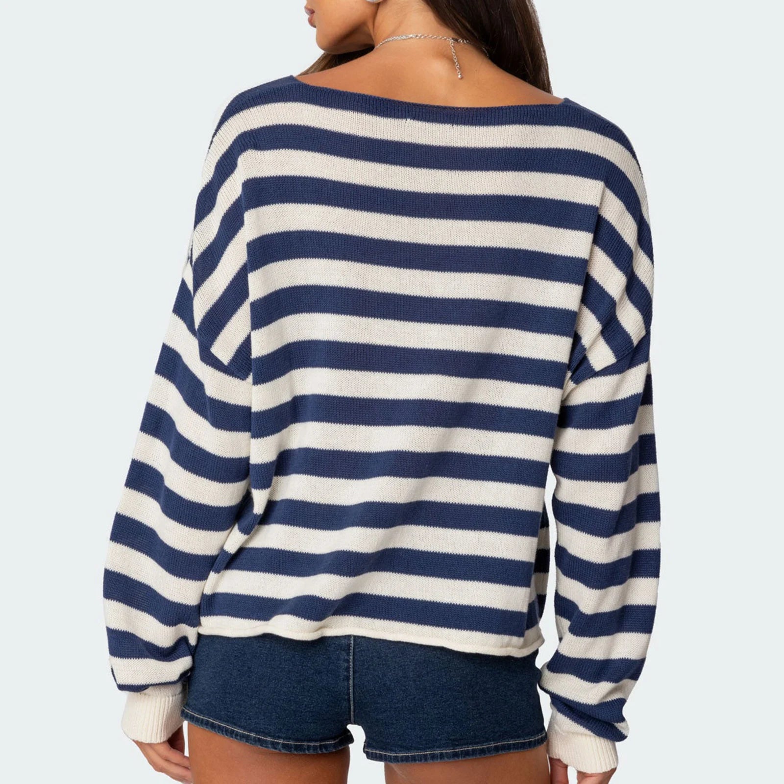 Aiertu  -  Womens Striped Loose Knit Sweater Fall Fashion Round Neck Long Sleeve Drop Shoulder Pullovers Casual Knitwear Aiertu