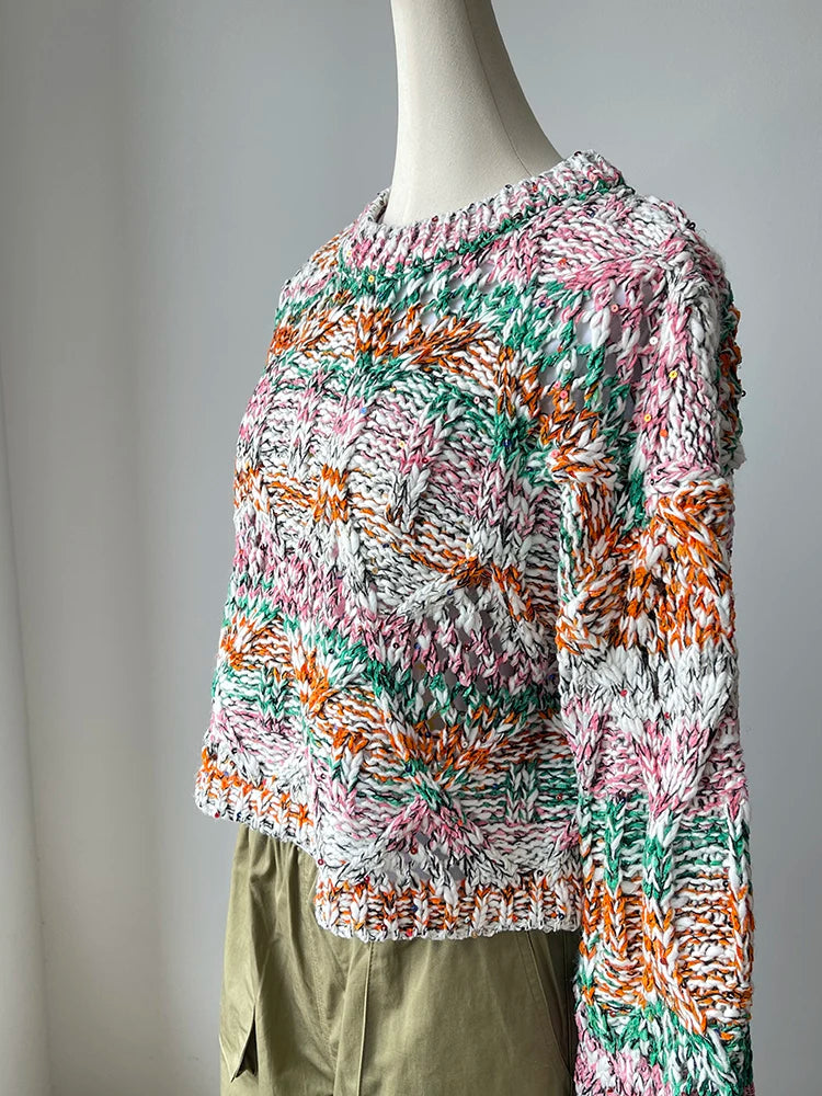 Aiertu  -  Sequin Colorful Multicolor Pullover 2024 Winter Women Chic Crop Sweater Jumper Niche Design Aiertu