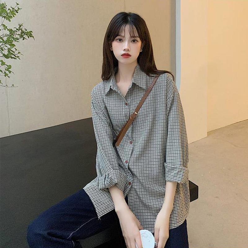 Aiertu Plaid Shirts Women Retro Turn Down Collar Long Sleeve Loose Blouses Harajuku Korean Office Lady Basic Casual Baggy Tops Aiertu