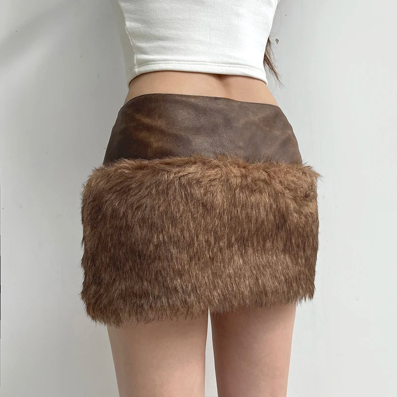 Aiertu  -   party look snspos Women Faux Leather Patchwork Furry Short Skirt Vintage Stylish High Street Mini Skirt Rave Outfits Lady Winter Aiertu