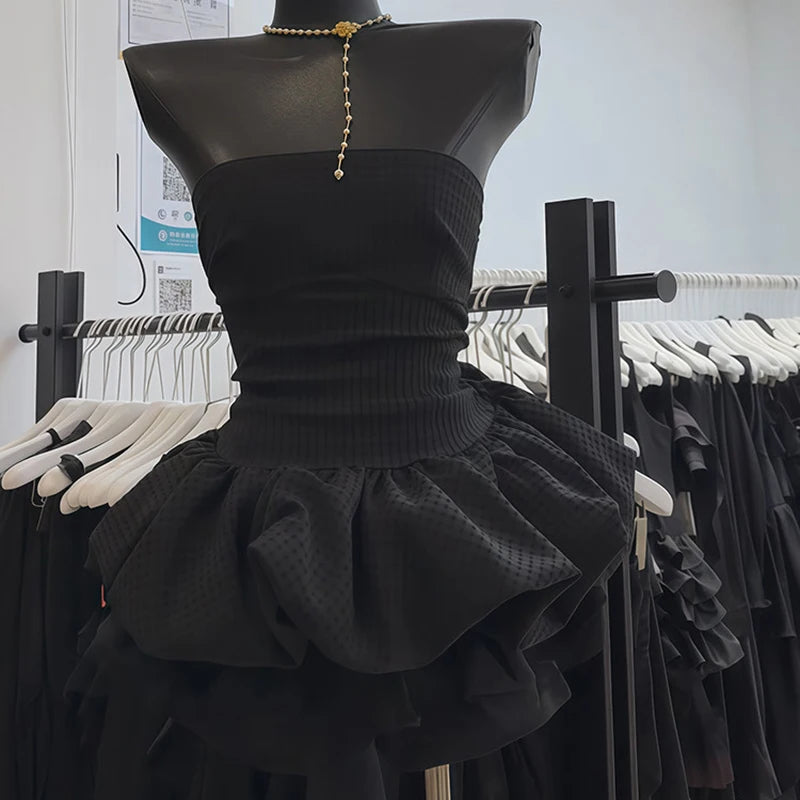 Aiertu  -  Vintage Black Mini Dress Women Party Prom Sexy Strapless Ball Gown Dresses Summer Korean Bodycon Design A Line Vestidos Aiertu