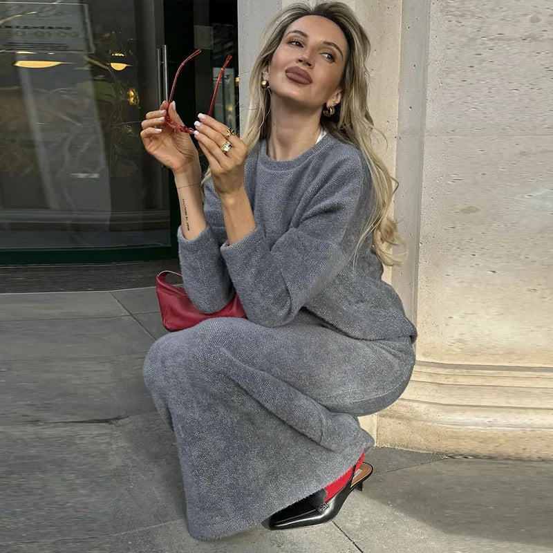 Aiertu     -  Fall Outfits 2026 Cozy Knit Pullovers Skirt Set Women Solid O-neck Full Sleeve Sweater High Waist Long Skirt 2026 Autumn Winter New Lady Knitwear Aiertu