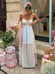 Aiertu  -  Elegant Print Perspective Lace Patchwork Long Dress Women Halter Backless Sleeveless Dresses Summer Lady Sweet High Street Robe Aiertu