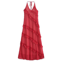 Aiertu  -  High Street Women Sexy Backless Red Halter Ruffle Dress Summer Elegant Party Long Dresses A-line Maxi Vestidos Aiertu