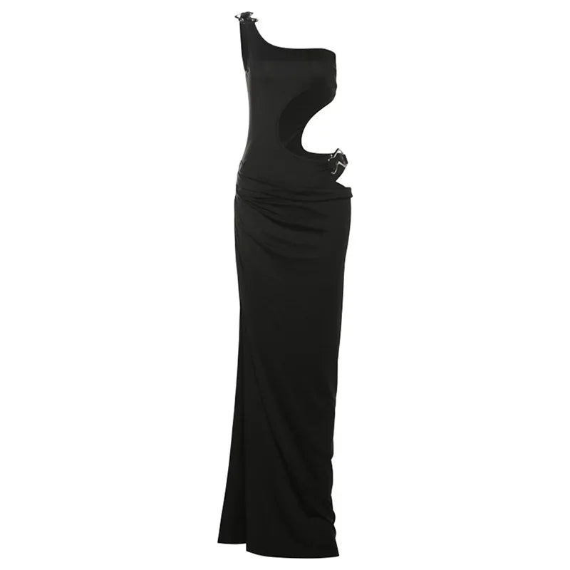 Aiertu  -  Metal Buckle Sexy Dress Women Off Shoulder Irregular Hollow Side Slit Long Dresses Femme Vacation Party Club Maxi Dress Aiertu
