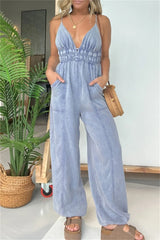 Aiertu  -  Sexy Casual Solid Color Patchwork Backless Spaghetti Strap Fitted Jumpsuits(5 Colors) Aiertu