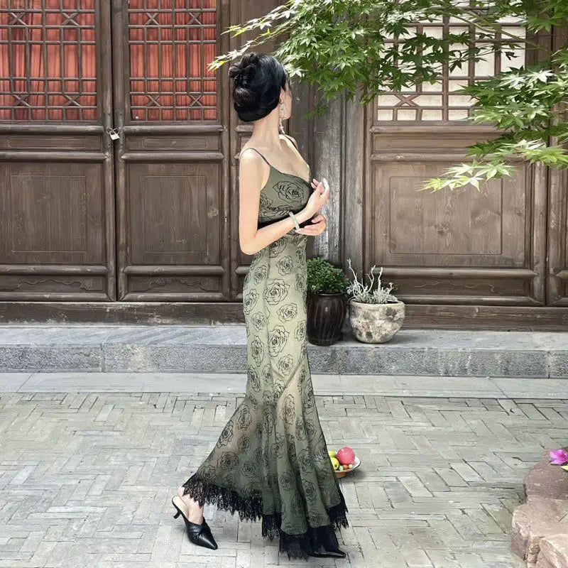Aiertu  -  Sweet Y2k Aesthetic Flower Print Dresses Women Vintage Lace Patchwork Jsk Dress Fashion Slim Waist Tunic Elegant Vestidos Korean Aiertu
