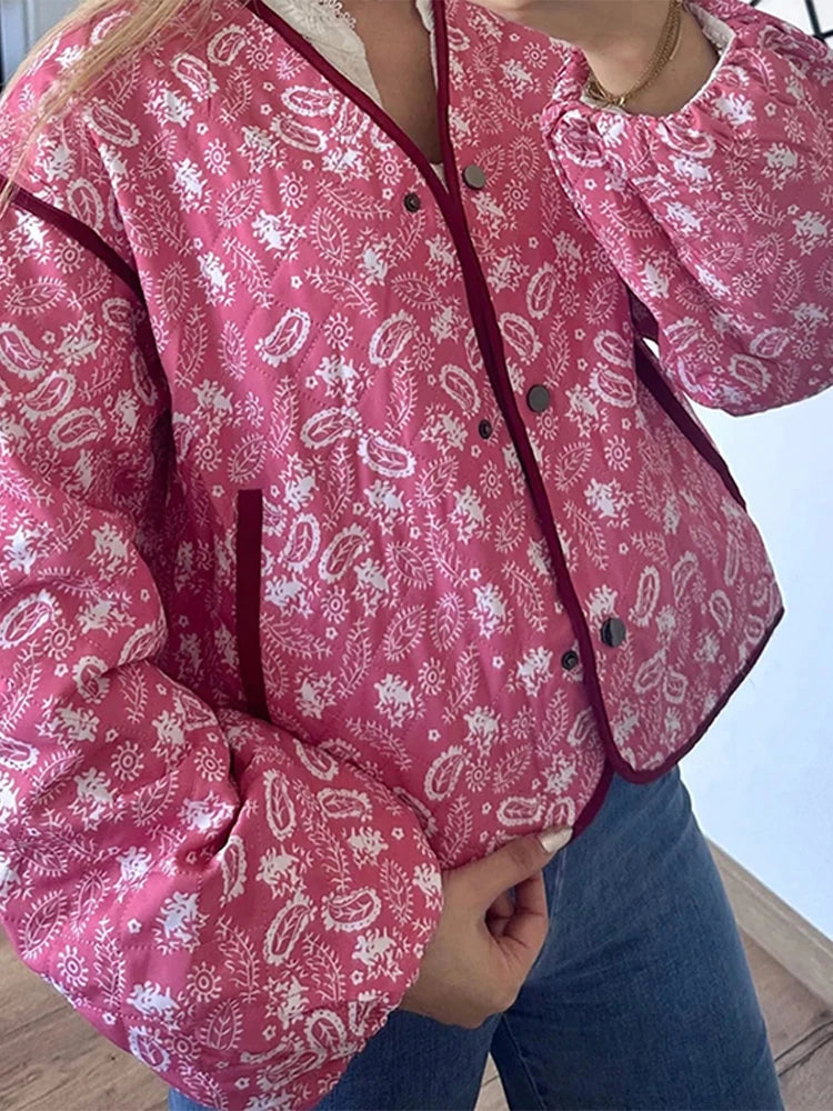 Aiertu  -  Elegant V Neck Print Quilted Short Cotton Jacket Casual Long Sleeves Single Breasted Warm Coat Autumn Winter Lady Thick Outwears Aiertu