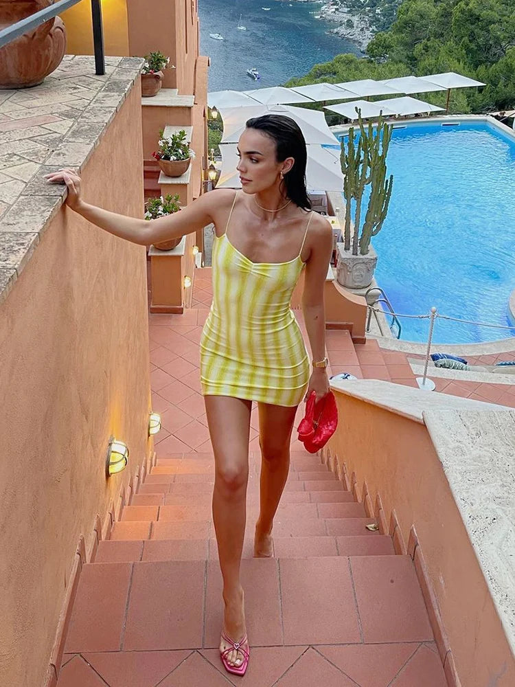 Aiertu  -  Sexy Striped Print Dress Women Spaghetti Strap Summer New Trend Sleeveless Backless Pleated Beach Vacation Mini Bodycon Aiertu