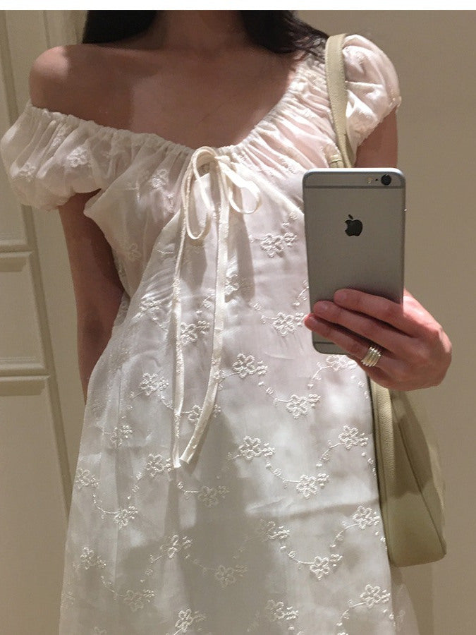 Aiertu  Ele Embroidered A-Line Dr Women's Summer Chic Bow-Tied Long Gown Gentle Sle Korean High Waist ort Sve V-Ne Aiertu