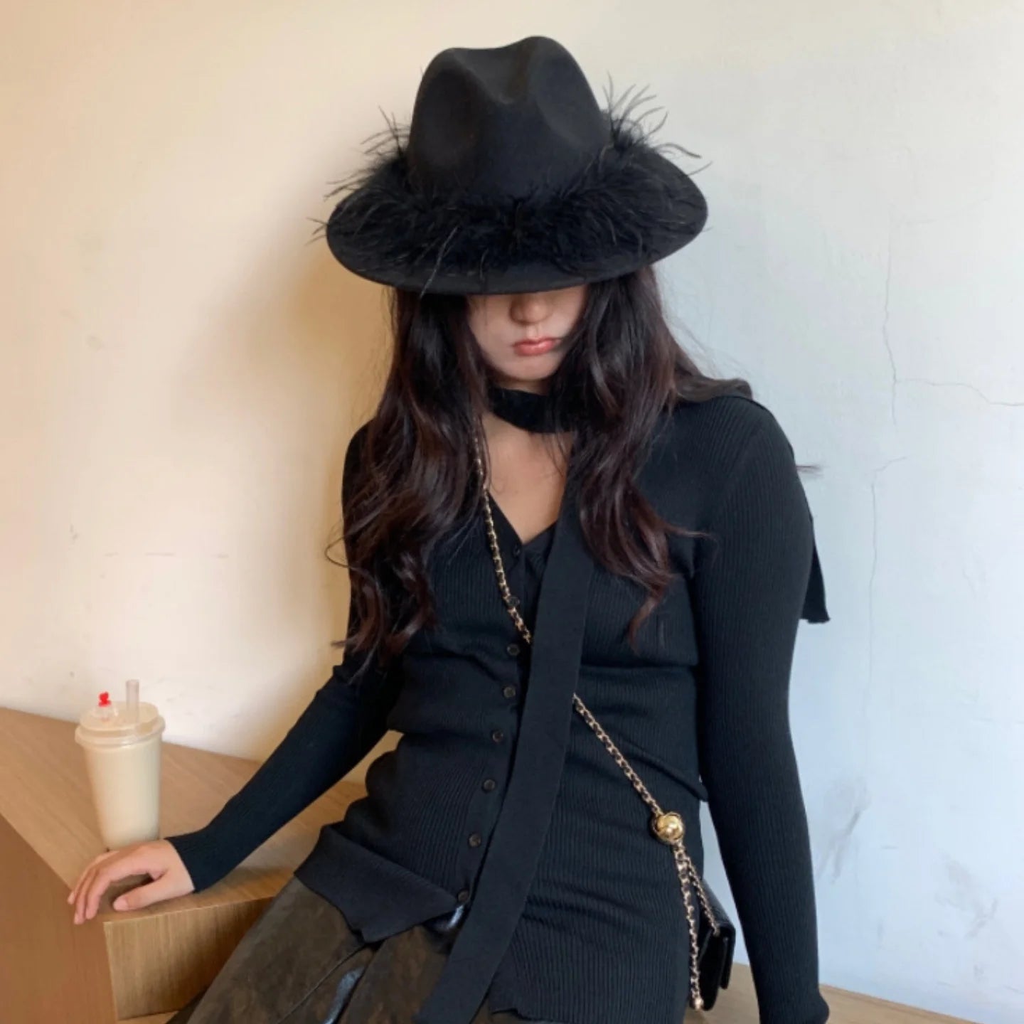 Aiertu  -  Black Fedora Hat For Women Men British Style Outdoor Flat Brim Top Hat Female Ostrich Fur Furry Wide Brim Party Cap Lady Aiertu
