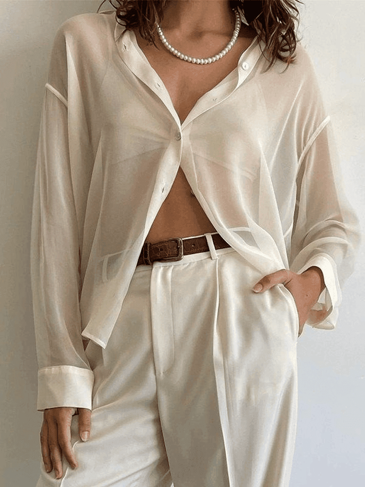 Aiertu  -  Button Front Semi Sheer Long Sleeve Blouse Aiertu