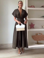 Aiertu  -  Lace Up Waist Cinched Dress Flying Sleeve Solid Color V Neck Pleated Slimming Workwear Women Strap Long Dresses Casual Robes New Aiertu